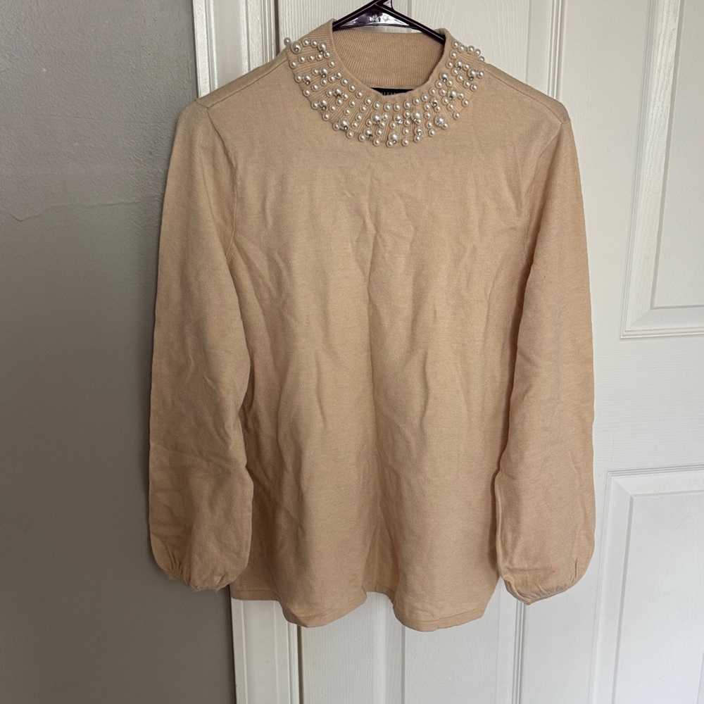 Alfani Beige Blouse with Pearl Embellishments